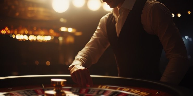 Studio Live Sic Bo fokusjitu dengan dealer dan tiga dadu dalam wadah transparan